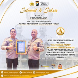 Polres Nganjuk Terima Penghargaan Pelayanan Publik Lingkup Polri Tahun 2023 Tingkat Polda Jatim