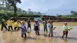 Bersama Warga, TNI Gotong Royong Tanam Padi dalam Program TMMD Ke-123