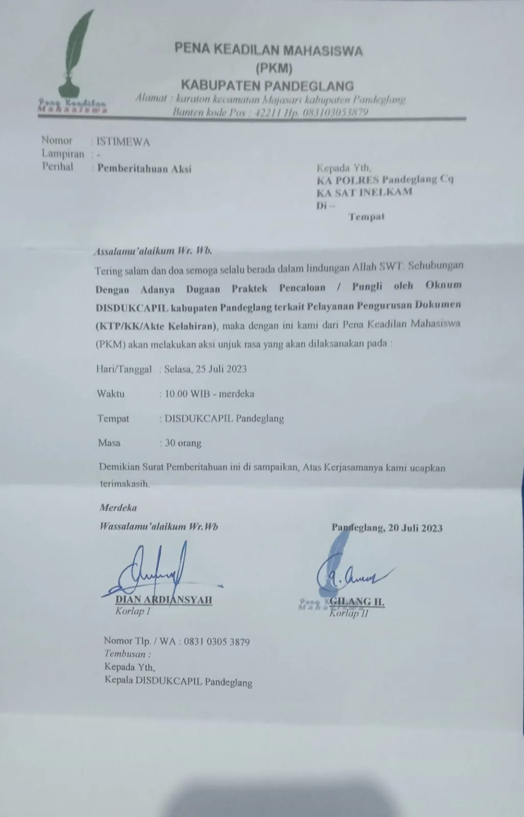 Diduga Banyak Oknum Calo di Disdukcapil Pandeglang, PKM Akan Mengelar Aksi Unjuk Rasa