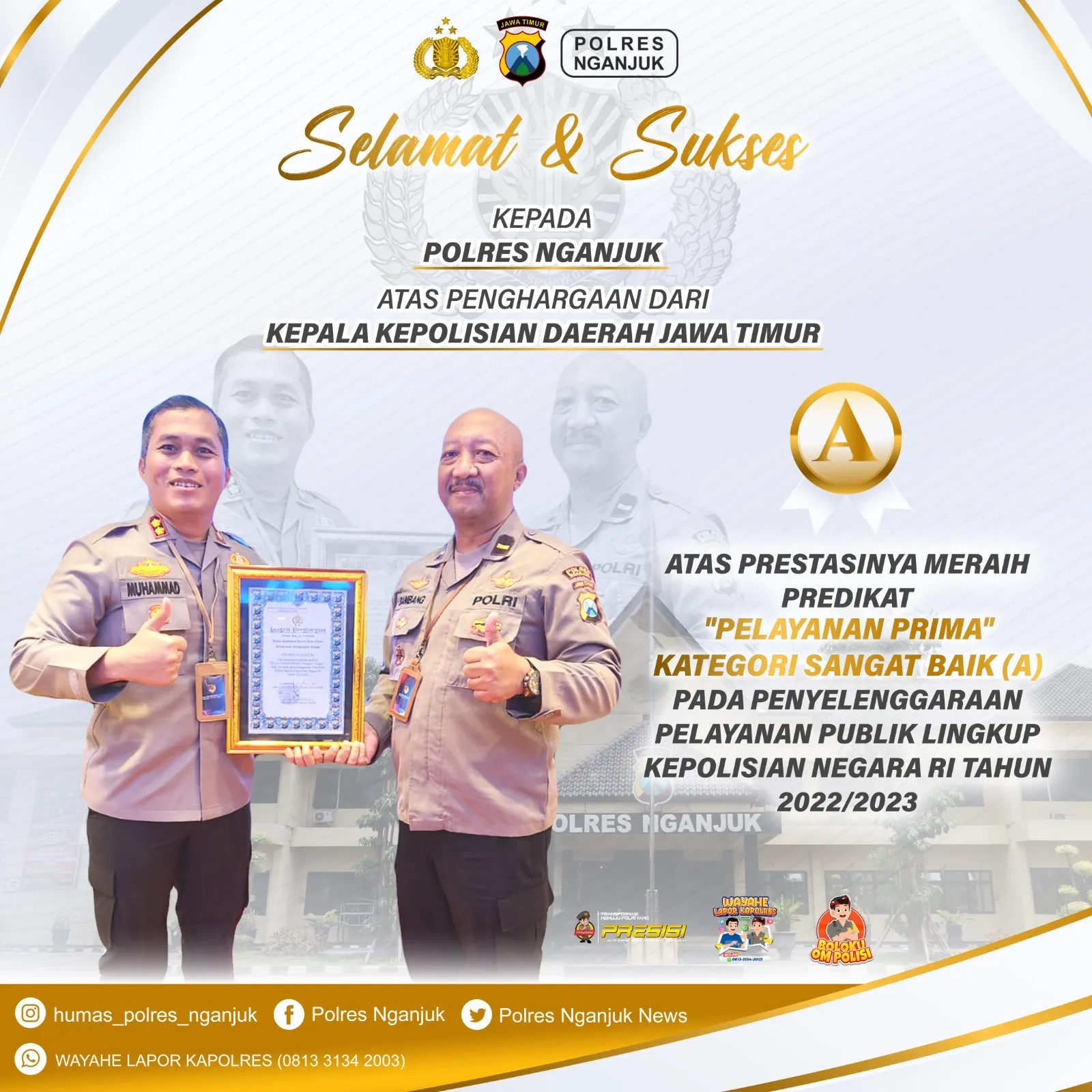 Polres Nganjuk Terima Penghargaan Pelayanan Publik Lingkup Polri Tahun 2023 Tingkat Polda Jatim