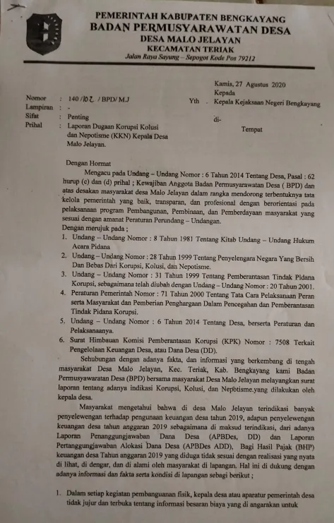 Menunggu Kepastian Terkait Laporan Warga Desa Malo Jelayan Dugaan Korupsi, Kolusi, Nepotisme(KKN) di Kejari Bengkayang