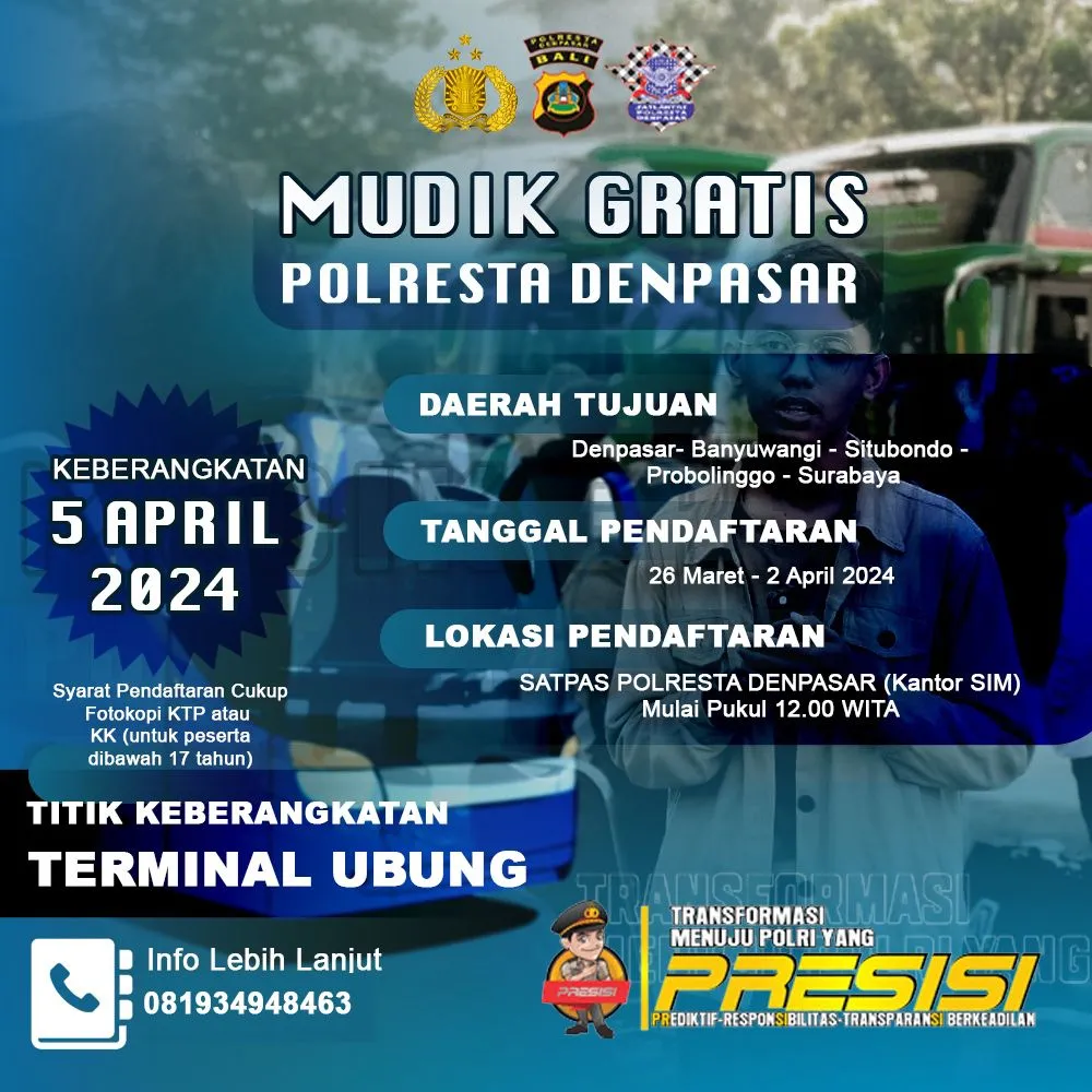 Polresta Denpasar Kini Kembali Gelar Mudik Gratis