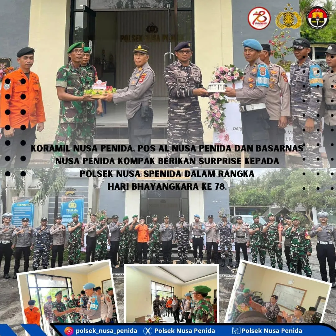 Koramil Pos AL Basarnas Kompak Berikan Surprise Tumpeng Kepada Polsek Nusa Penida Sambut Hari Bhayangkara ke-78