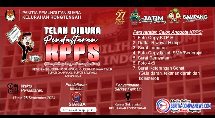 Telah Dibuka Pendaftar Rekruitmen KPPS Pilkada Serentak 2024 di PPS Kelurahan Rongtengah Sampang