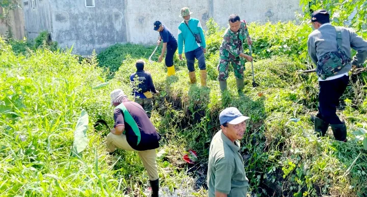 Babinsa Koramil 0822/01 Bondowoso Bersama Dinas Pengairan Lakukan Kerja Bakti Bersihkan Saluran Drainase
