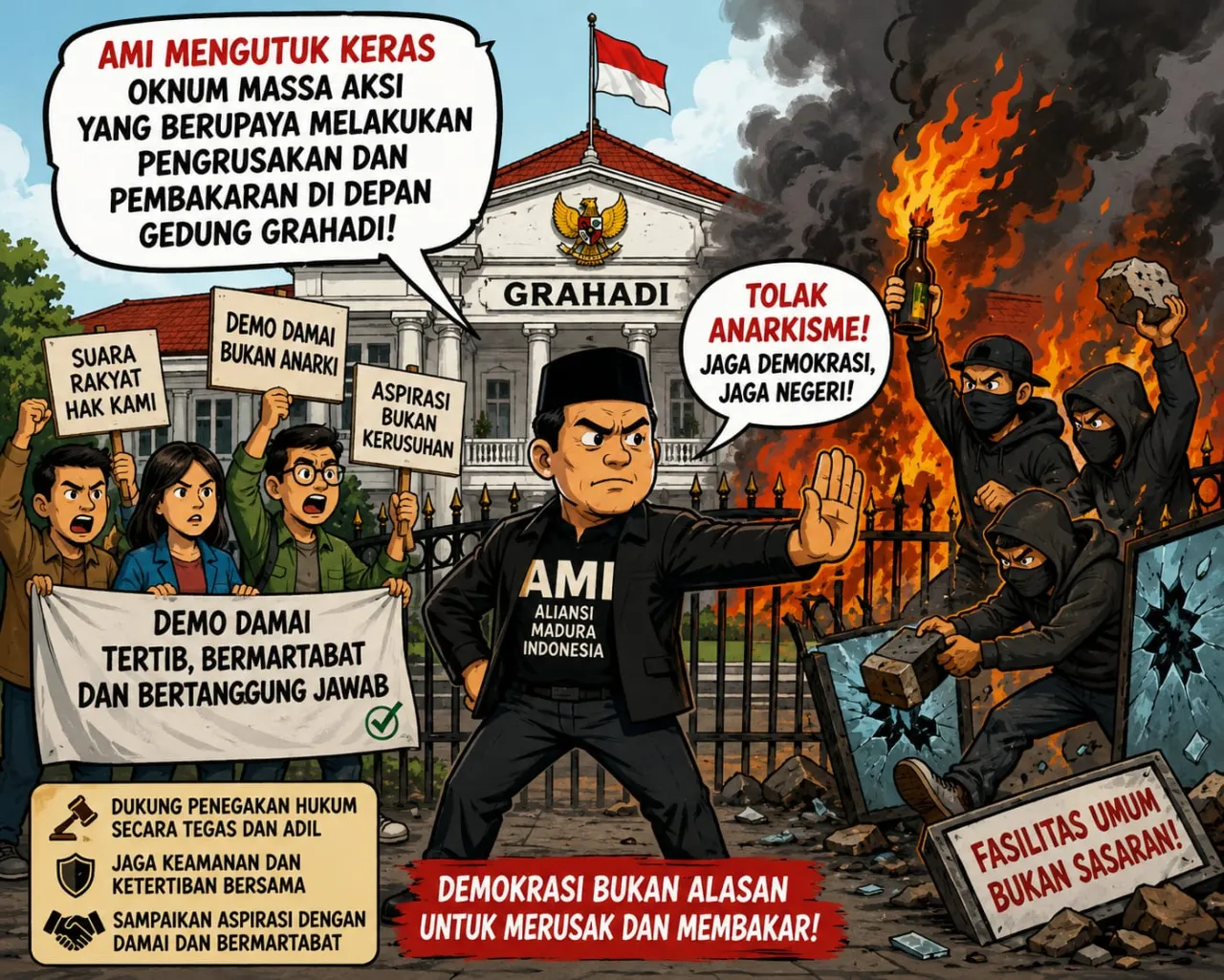 AMI Kutuk Keras Dugaan Pengrusakan dan Upaya Pembakaran di Depan Gedung Grahadi