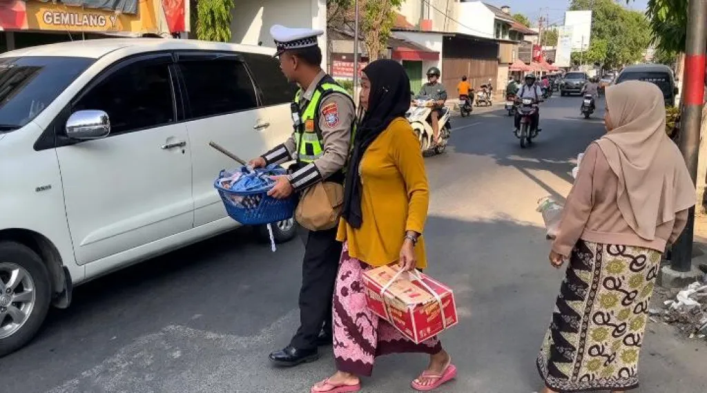 Siap Melayani Masyarakat, Bripka Imam Kholik Bantu Pedagang Bawa Barang Menyeberang di Jalan Wahid Hasyim