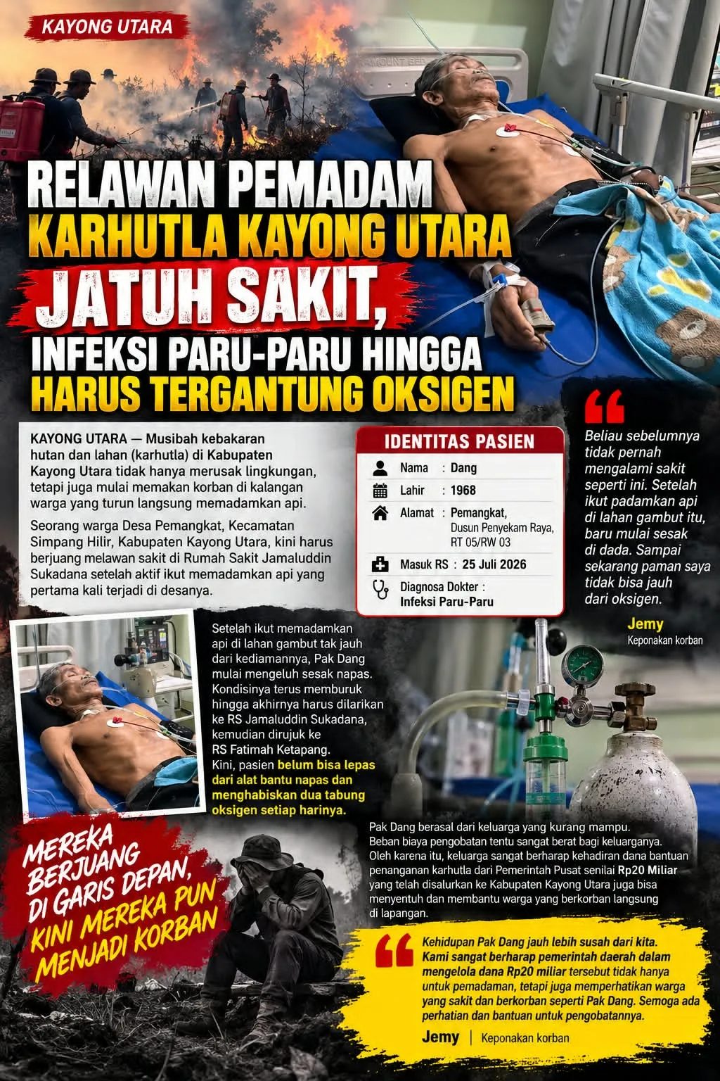 Relawan Pemadam Karhutla di Kayong Utara Jatuh Sakit, Diduga Alami Infeksi Paru-Paru hingga Bergantung pada Oksigen