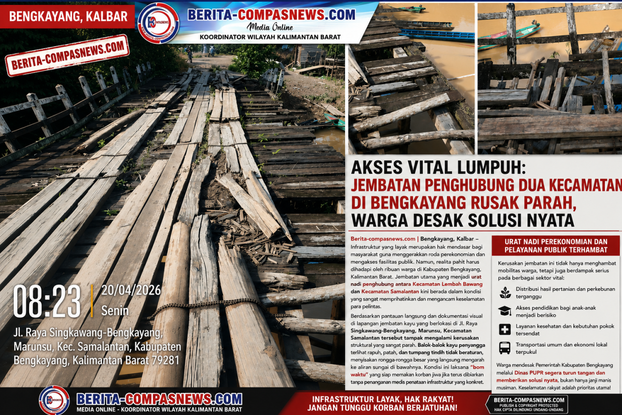 Akses Vital Lumpuh: Jembatan Penghubung Dua Kecamatan di Bengkayang Rusak Parah, Warga Desak Solusi Nyata