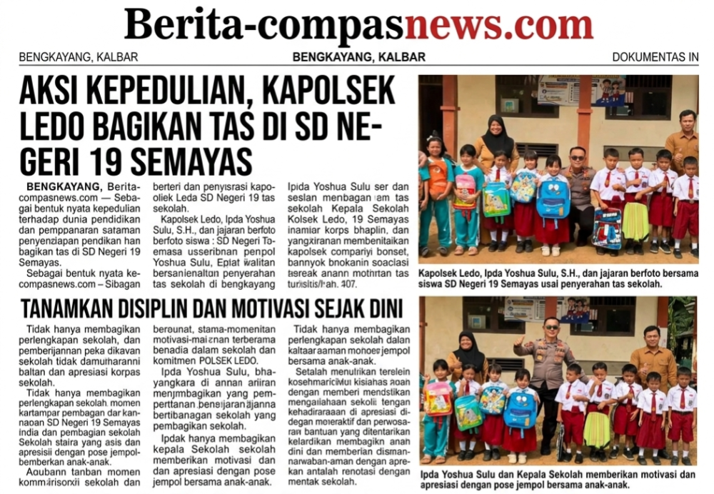 Aksi Kepedulian, Kapolsek Ledo Bagikan Tas di SD Negeri 19 Semayas