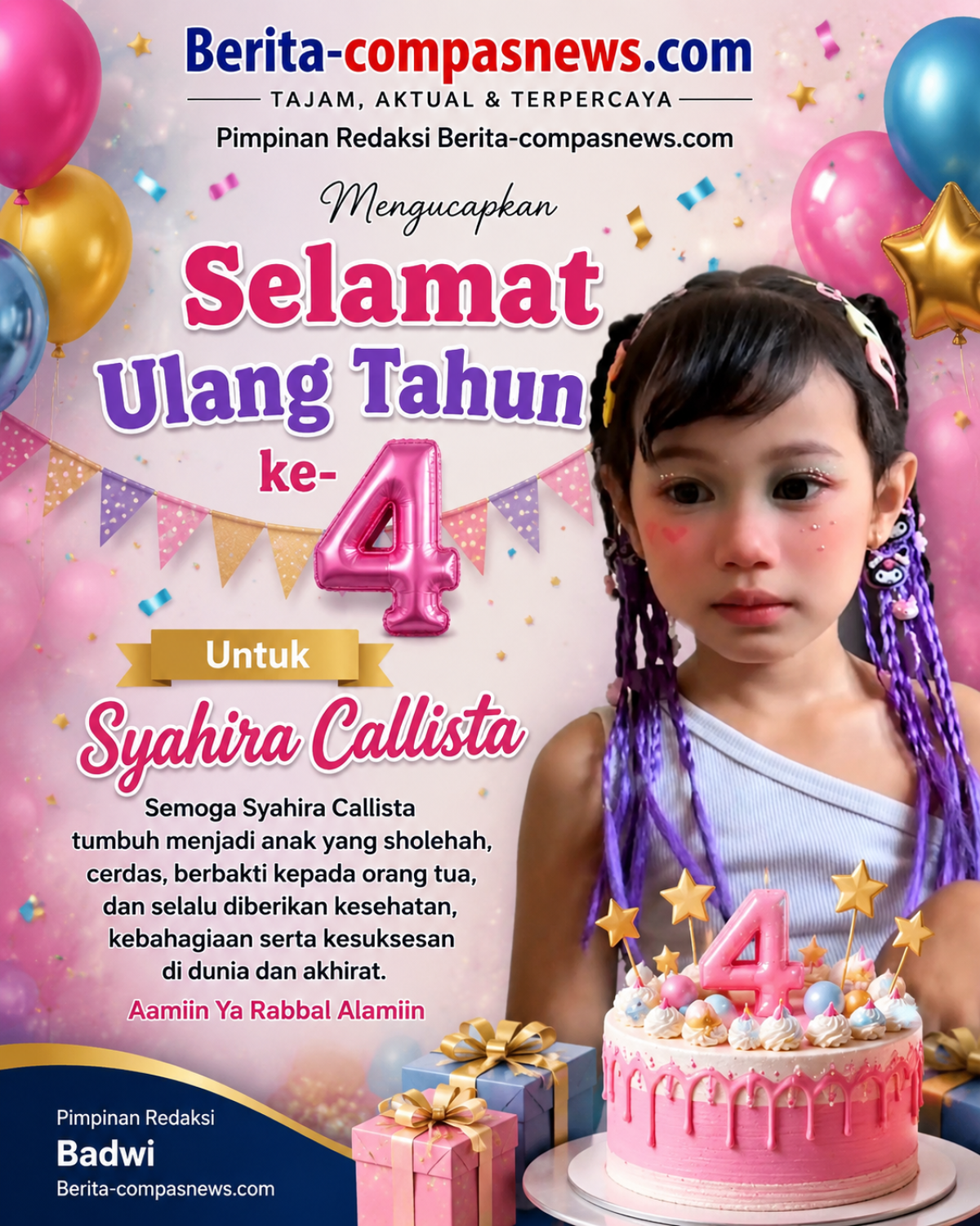 Pimpinan Redaksi Berita-compasnews.com Ucapkan Selamat Ulang Tahun ke-4 untuk Syahira Callista