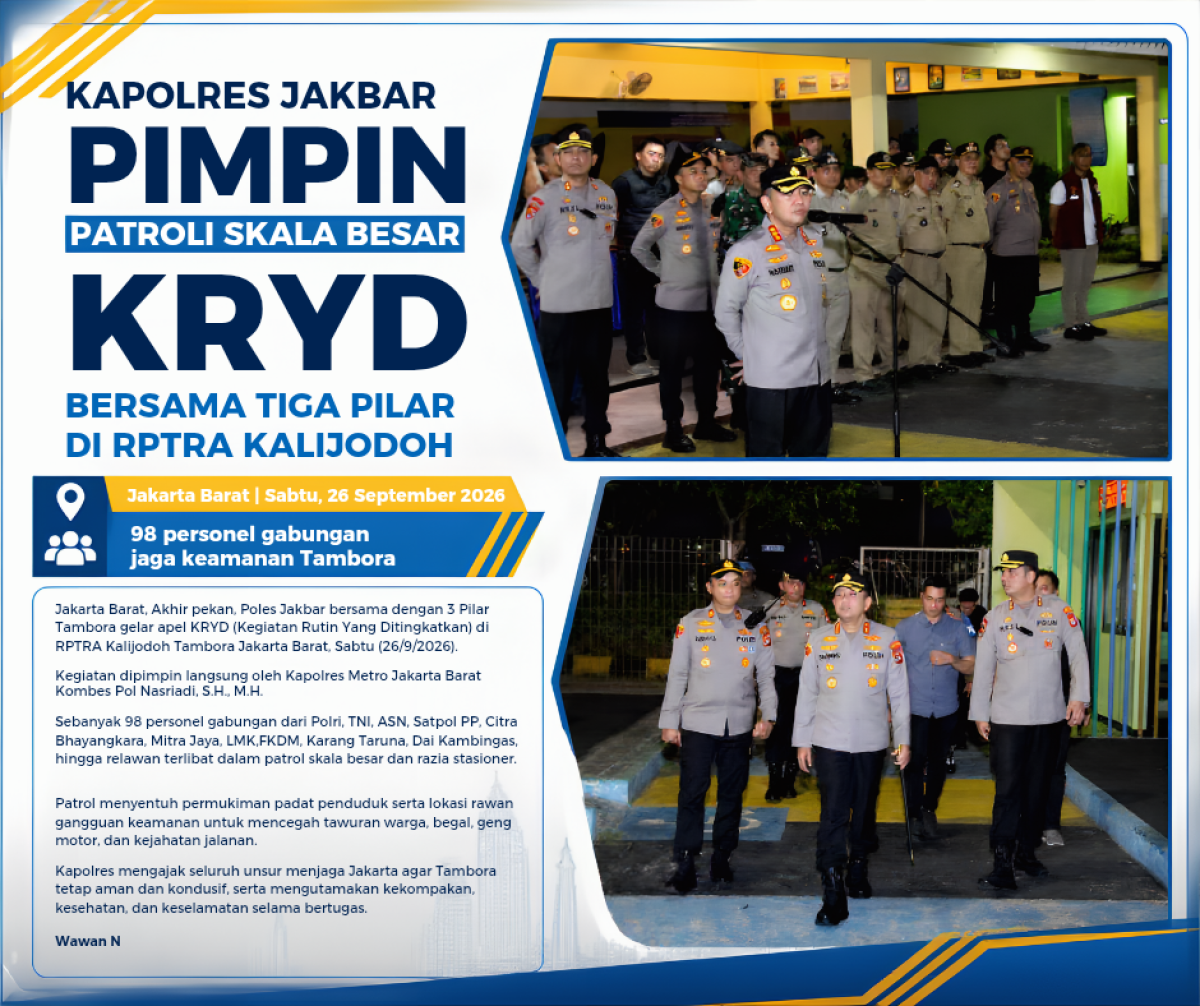 Kapolres Jakbar Pimpin Patroli Skala Besar KRYD Bersama Tiga Pilar Di RPTRA Kalijodoh
